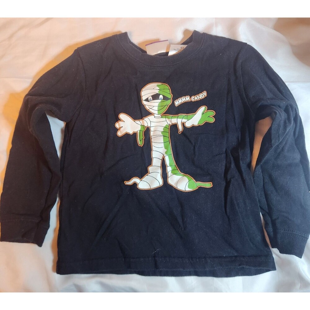 Vintage Y2K Kids 4T Mummy Candy Halloween Shirt Two Sided Black Green